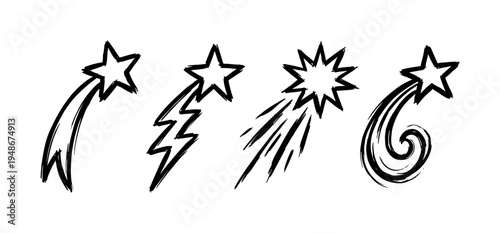Collection of hand-drawn shooting stars and comets with various tail designs, rendered in a rough, artistic brushstroke style.