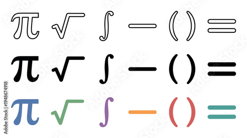 Collection of mathematical symbols including pi, square root, integral, minus sign, parentheses, and equals sign in various styles and colors.