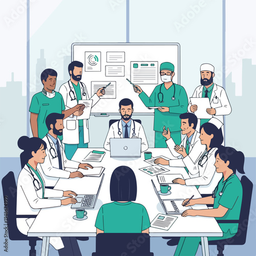 Group of medical professionals in meeting, discussing charts and data