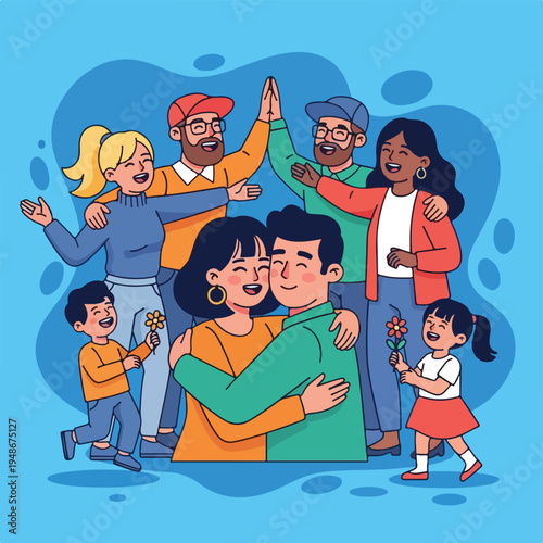 Group of diverse people sharing hugs and smiles, happy and connected