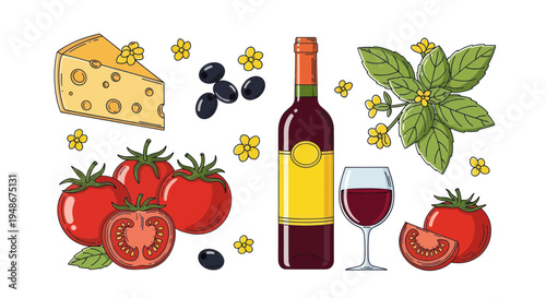 Italian Food and Wine Elements: Cheese, Tomatoes, Olives, Basil, Red Wine