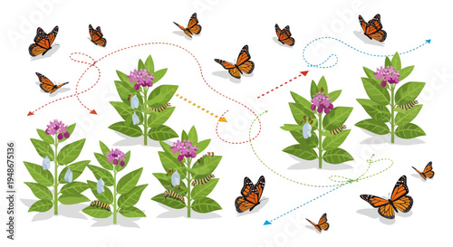 Monarch Butterfly Life Cycle: Eggs, Larvae, Pupae, and Adults on Milkweed Plants