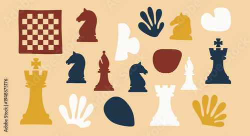 Abstract Chess Pieces and Organic Shapes Composition