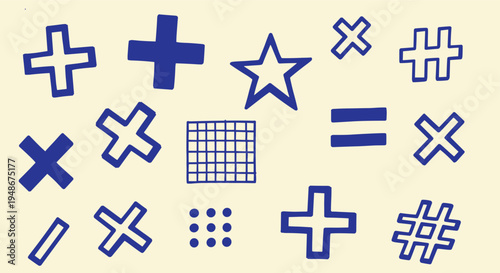 Hand drawn blue math symbols and geometric shapes collection