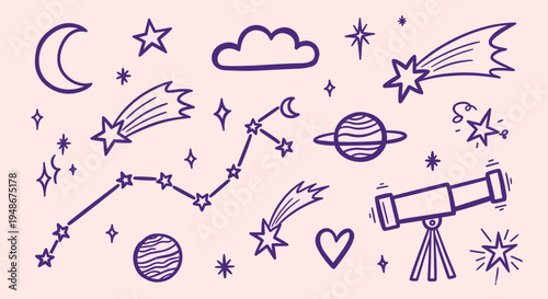 Hand drawn space and astronomy doodle elements set