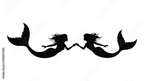A beautiful silhouette of two mermaids swimming together in perfect harmony, their tails and long hair flowing in the water, a stunning representation of mythical creatures and friendship
