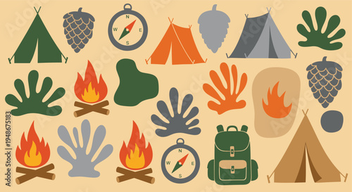 Camping and outdoor adventure equipment icons set