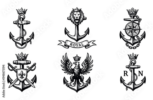 Collection of intricate anchor designs featuring heraldic elements like crowns, lions, eagles, swords, and compasses in a vintage style.