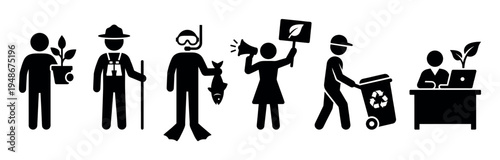 Diverse stick figures illustrate various environmental protection and nature conservation activities, including planting, hiking, fishing, protesting, recycling, and eco-friendly work.