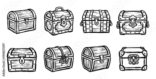 Collection of hand-drawn treasure chest illustrations, featuring various designs of wooden boxes with metal clasps and details.