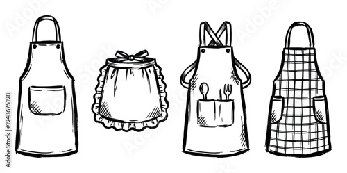 Set of various hand-drawn aprons in different styles, including a full apron, a ruffled half apron, and a checkered design.