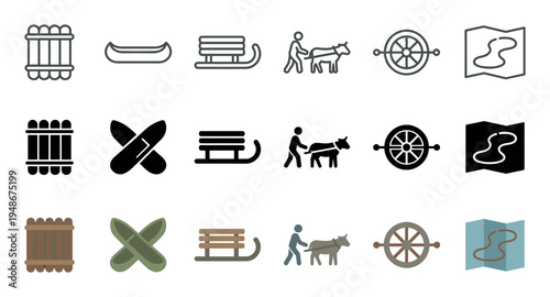Collection of traditional transportation and historical tool icons, including a raft, canoe, sled, plow, wagon wheel, and map.