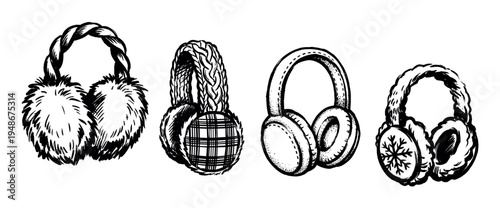 Collection of four hand-drawn winter earmuffs with various textures and patterns for cold weather protection.