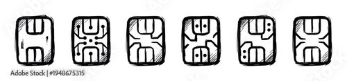 Hand-drawn grunge style microchip icons illustrate various circuit board designs for technology concepts.