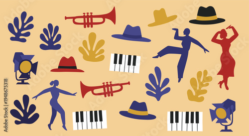 Jazz music festival elements with dancers and instruments