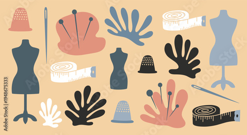 Sewing and tailoring tools pattern with dress forms and measuring tapes