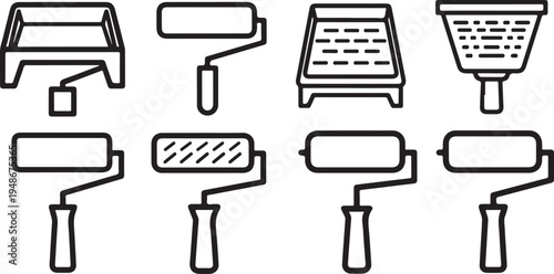 Assorted painting tools including rollers and trays for various surfaces Vector
