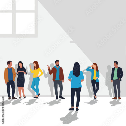 Group of people standing in a room with a large window and shadows