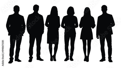 Silhouette of a diverse group of people standing together in a line, representing unity and solidarity among individuals with different personalities and characteristics