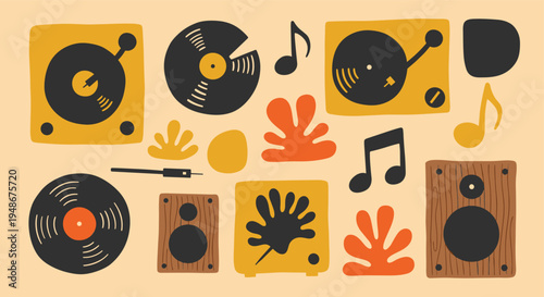 Retro Music Elements Pattern with Vinyl Records and Speakers