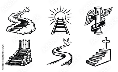 Collection of hand-drawn illustrations depicts various symbolic paths, stairways, and roads representing spiritual journeys and personal growth.