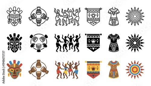 Vibrant collection of African culture icons features traditional masks, drums, dancing figures, and sun symbols.