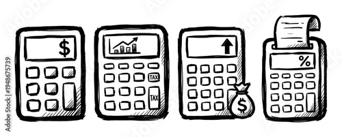 Hand-drawn calculators illustrate various financial concepts like money, taxes, and economic growth.