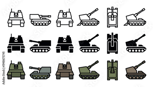 Comprehensive set of military tank and self-propelled artillery icons in various styles and perspectives.