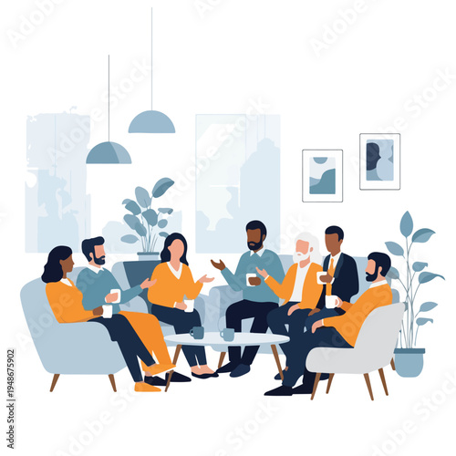 Illustration of a diverse group in a relaxed setting, conversing