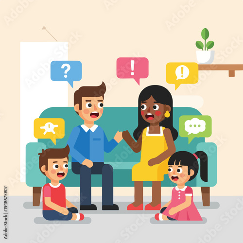 Illustration of a diverse family having a conversation with thought bubbles