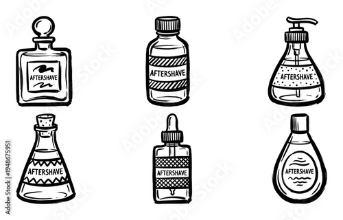 Assortment of hand-drawn aftershave bottles in various shapes and designs, representing men's grooming products.