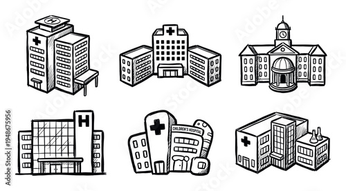 Collection of hand-drawn illustrations depicting various hospital buildings and medical facilities with distinct architectural styles.