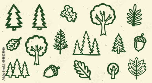 Set of hand drawn forest trees and leaves icons