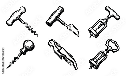 Collection of hand-drawn corkscrews and bottle openers in a classic sketch style, perfect for wine and bar themes.