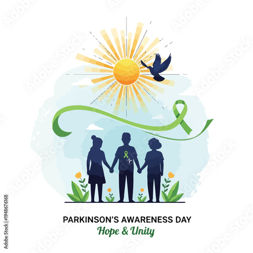 Illustration for awareness showing a sunny day, people, ribbon, and a dove