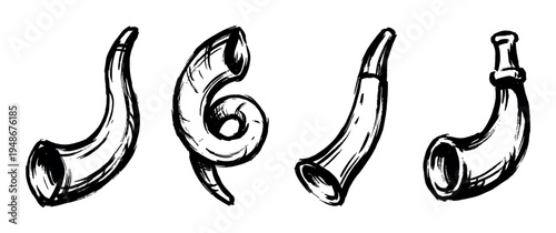 Four hand-drawn shofars in a brush stroke style, depicting ancient musical instruments or ceremonial horns used in religious traditions.