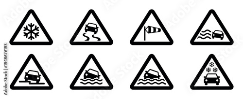 Collection of eight triangular warning signs illustrating various hazardous road conditions and weather-related driving dangers.
