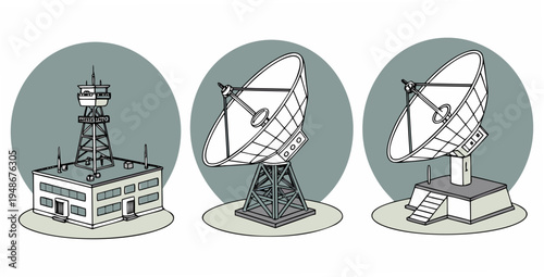 three different satellite dishes on various bases Vector