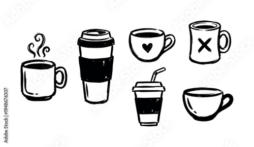 Set of six hand-drawn brush stroke style coffee cups and mugs, depicting various forms from steaming hot beverages to cold drinks.