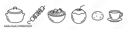 Hand-drawn collection of various food and drink items including a cooking pot, skewer, fruit bowl, and coffee cup.