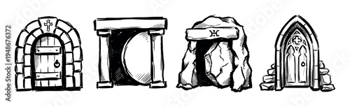 Hand-drawn illustrations of ancient stone doors and tombs, depicting various historical or fantasy architectural elements with a sketch style.