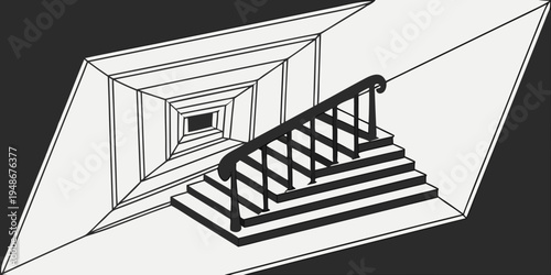 a staircase with a railing leading to a doorway Vector