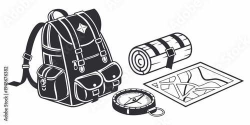 a backpack with a map and other camping gear Vector