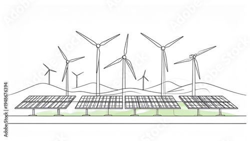 Continuous One Line Renewable Energy Landscape with Solar Panels and Wind Turbines Vector Illustration