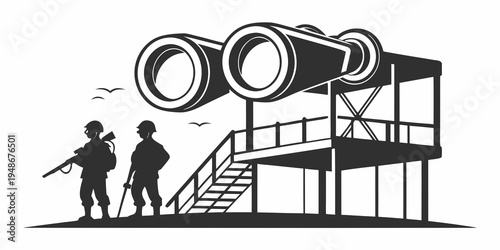 two soldiers standing next to a telescope on a platform Vector