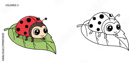 Cute cartoon ladybug sitting on a green leaf. Color vector illustration and black and white line art coloring page outline for kids.