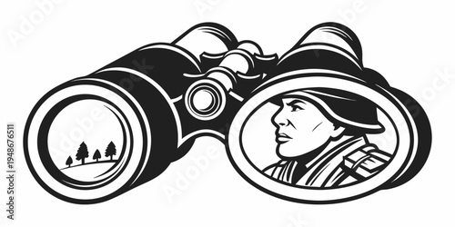 a man wearing a hat looking through binoculars Vector