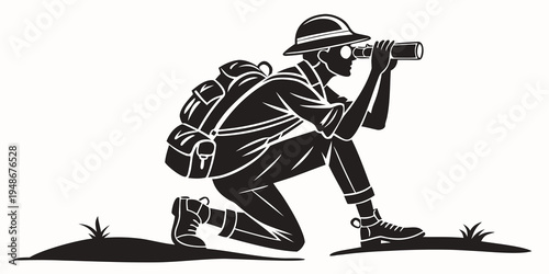 a man in a hat and backpack looks through binoculars Vector