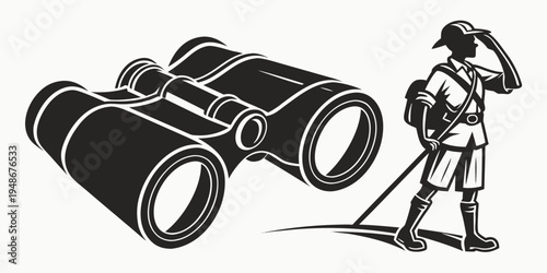 a man with a backpack looks through binoculars Vector