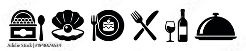 Sophisticated set of food and dining icons featuring caviar, oyster, dessert, cutlery, wine, and a serving cloche.